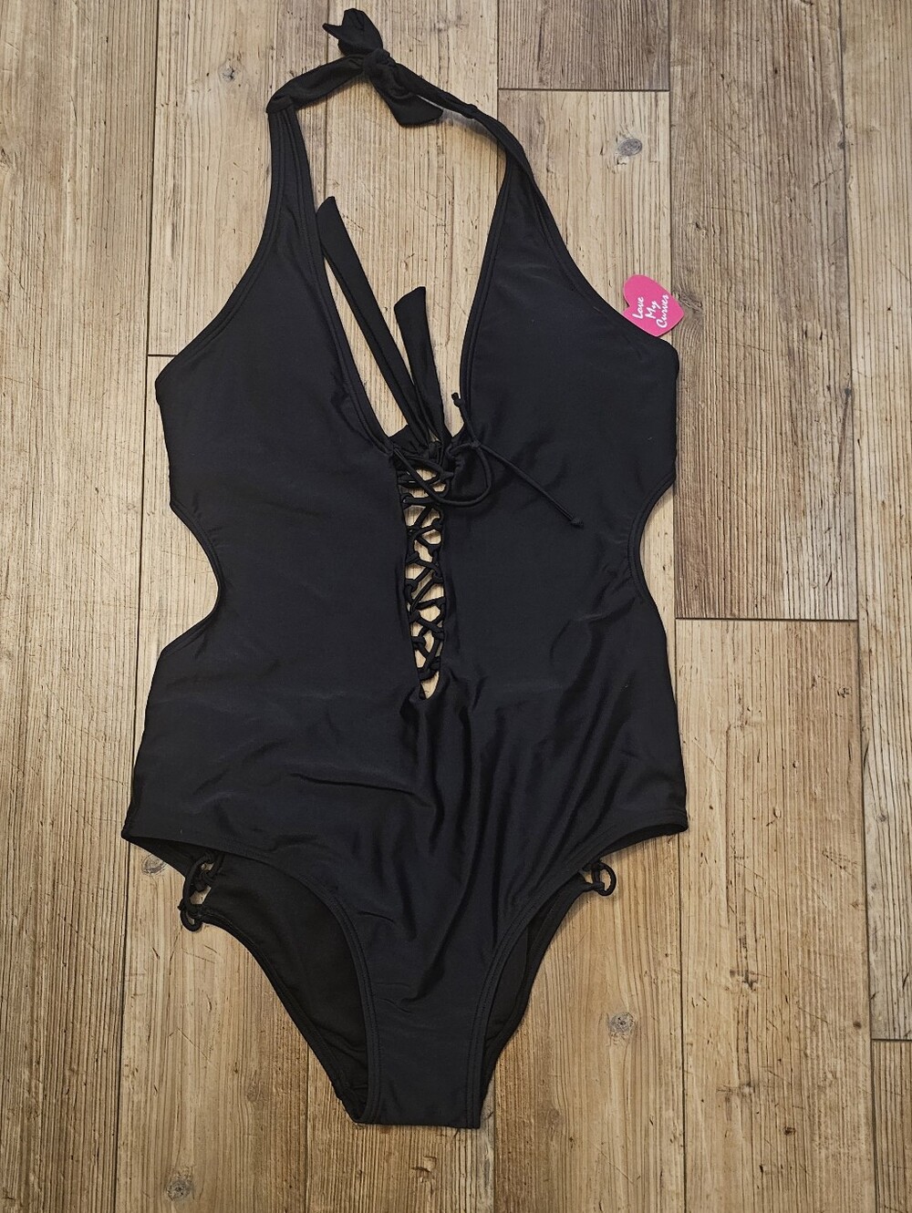NWT Love MY Curves Black One Piece Swimsuit With Laceup Cutouts Size 14